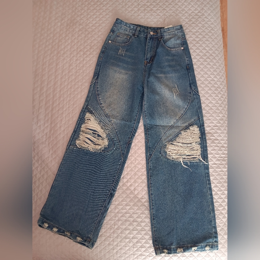 Blue Flare Wide Leg Jeans with Distressed Design